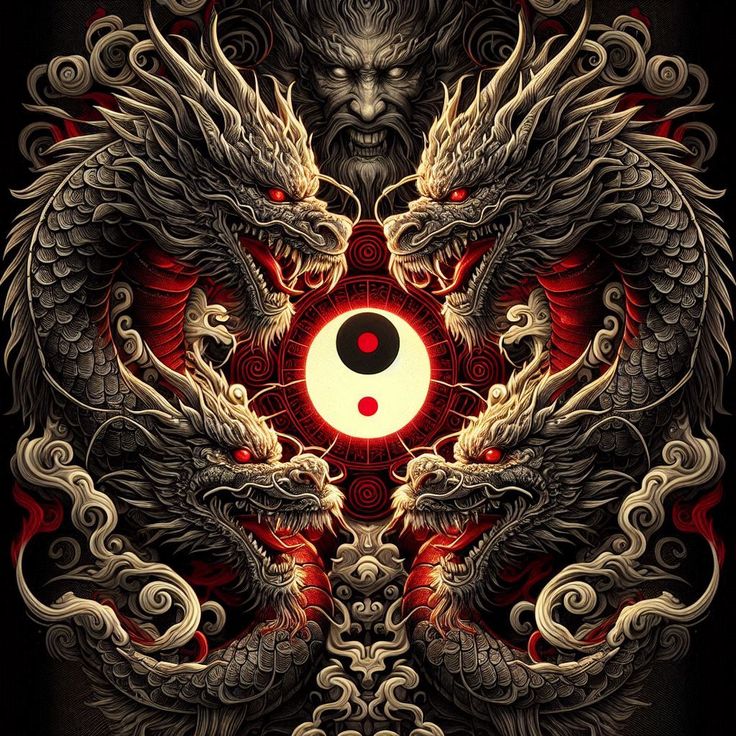 Ilustrasi dua naga hitam saling berhadapan mengelilingi simbol yin dan yang berwarna merah.